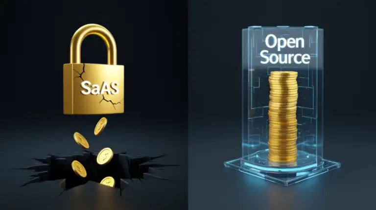 Gráfico conceptual del costo oculto en SaaS: dinero escapando de Shopify Plus vs. ganancia estable en arquitectura Open Source.