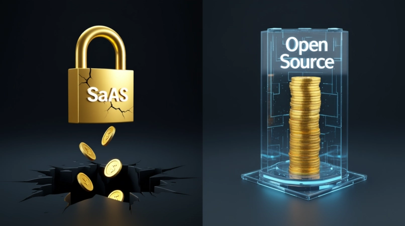 Gráfico conceptual del costo oculto en SaaS: dinero escapando de Shopify Plus vs. ganancia estable en arquitectura Open Source.