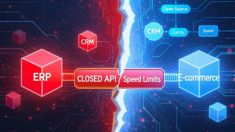Arquitectura de E-commerce mostrando la interrupción de la API entre ERP, CRM y la plataforma cerrada.