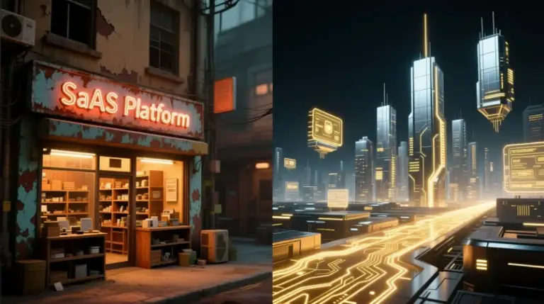 Imagen que muestra una tienda antigua con letrero “SaaS Platform” a la izquierda, y un símbolo futurista con edificios digitales iluminados representando “Tech Sovereign” a la derecha, ilustrando la comparación entre Shopify Plus y la soberanía tecnológica en e-commerce.