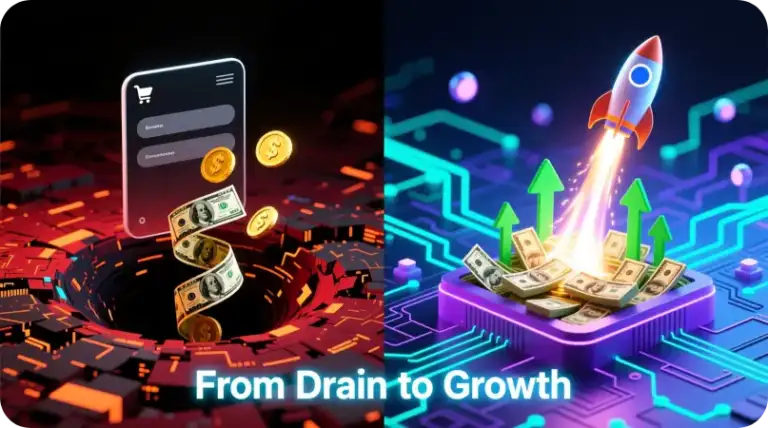 Visual digital 3D de contraste: e-commerce con dinero siendo absorbido por un vórtice rojo (pérdida digital) vs. cohete con billetes y flechas verdes ascend