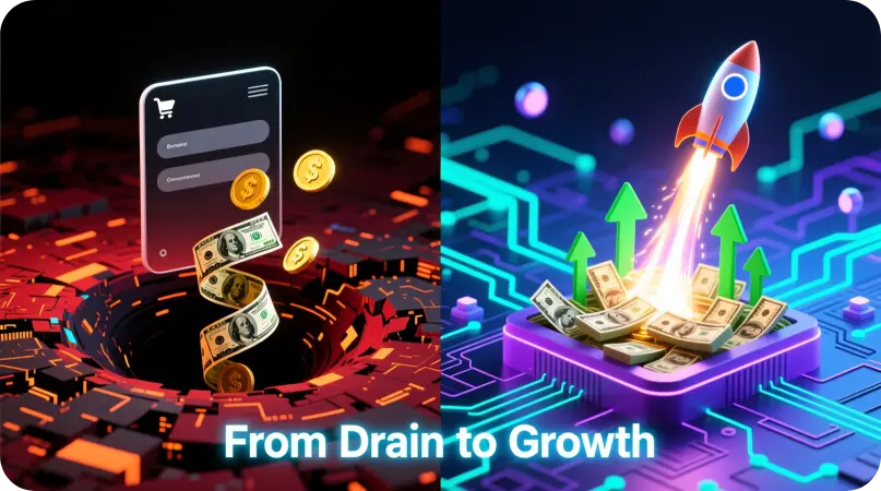 Visual digital 3D de contraste: e-commerce con dinero siendo absorbido por un vórtice rojo (pérdida digital) vs. cohete con billetes y flechas verdes ascend